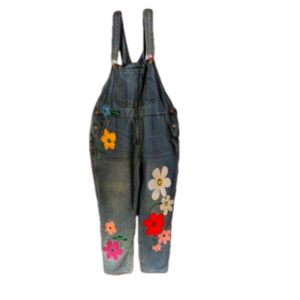 Shein bib denim overalls w/decorative flowers XL VGC 85% cot 15% polyester